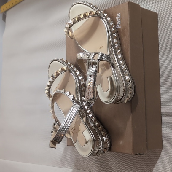 Christian Louboutin Shoes - Christian Louboutin Madmonica Spiked Metallic Leather Sandals - Size 37